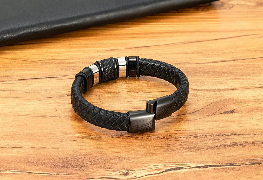 FBA Men's Stainless Steel Beaded Leather Rope Bracelet | Charm Jewelry Gift