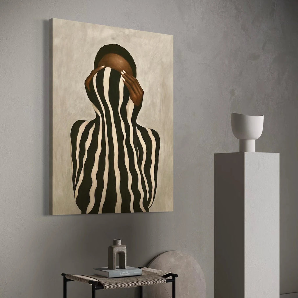 Afrocentric Abstract Black Woman Canvas Print | Black & White Stripes Neutral Wall Art