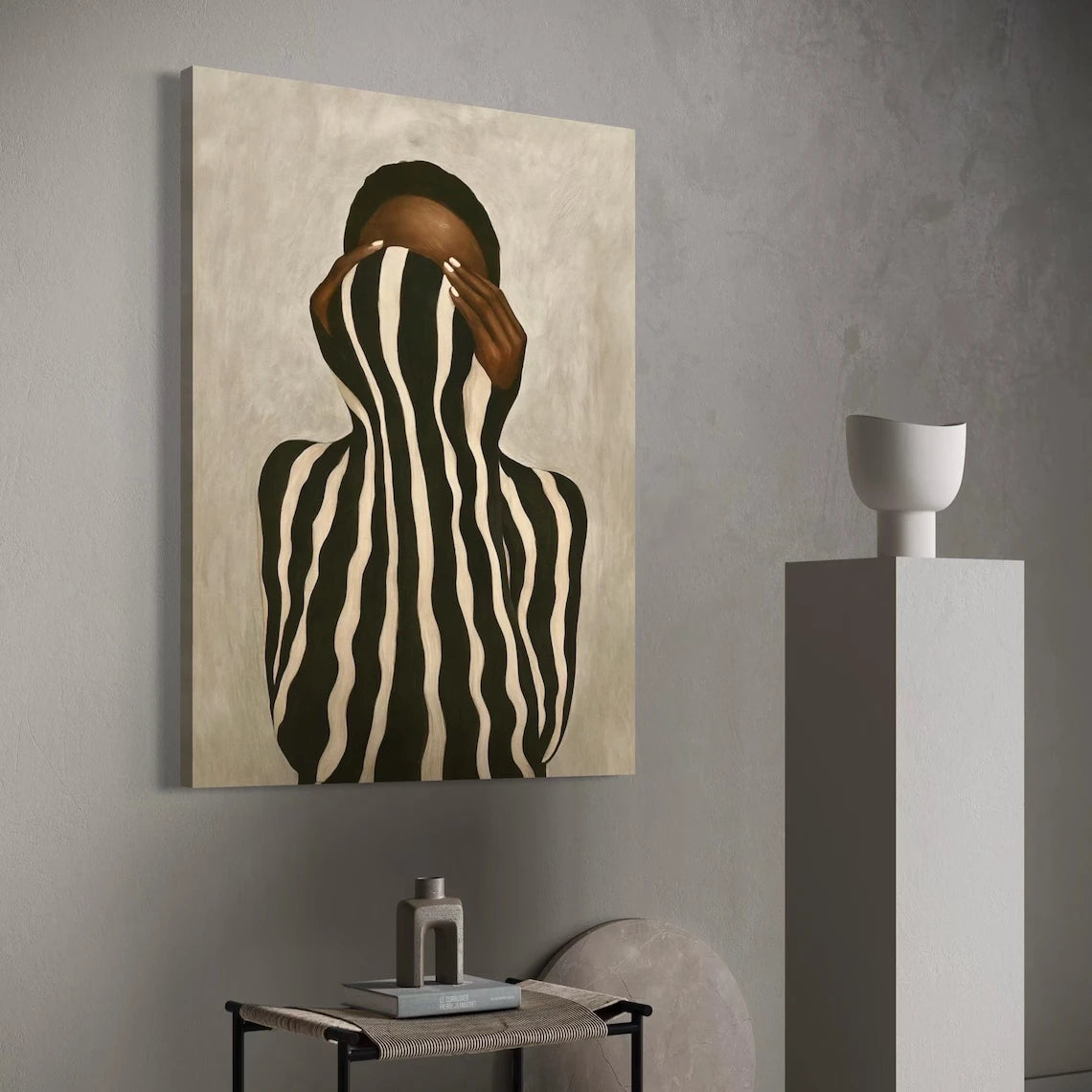 Afrocentric Abstract Black Woman Canvas Print | Black & White Stripes Neutral Wall Art