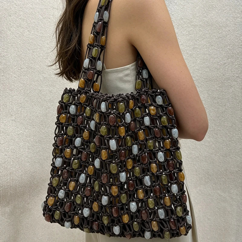Hand-Woven Beaded Tote Bag with Wooden Handle – Boho Hollow-Out Knitted Beach Handbag