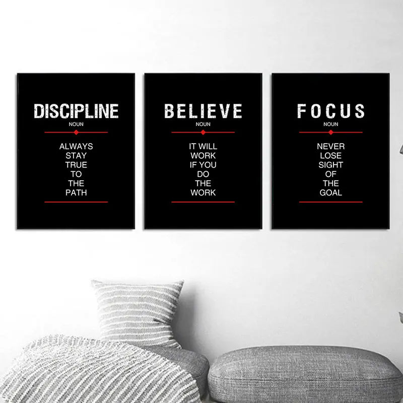 Black Inspirational Quote Canvas Print | Discipline Believe Focus Motivational Wall Art for Home Decor