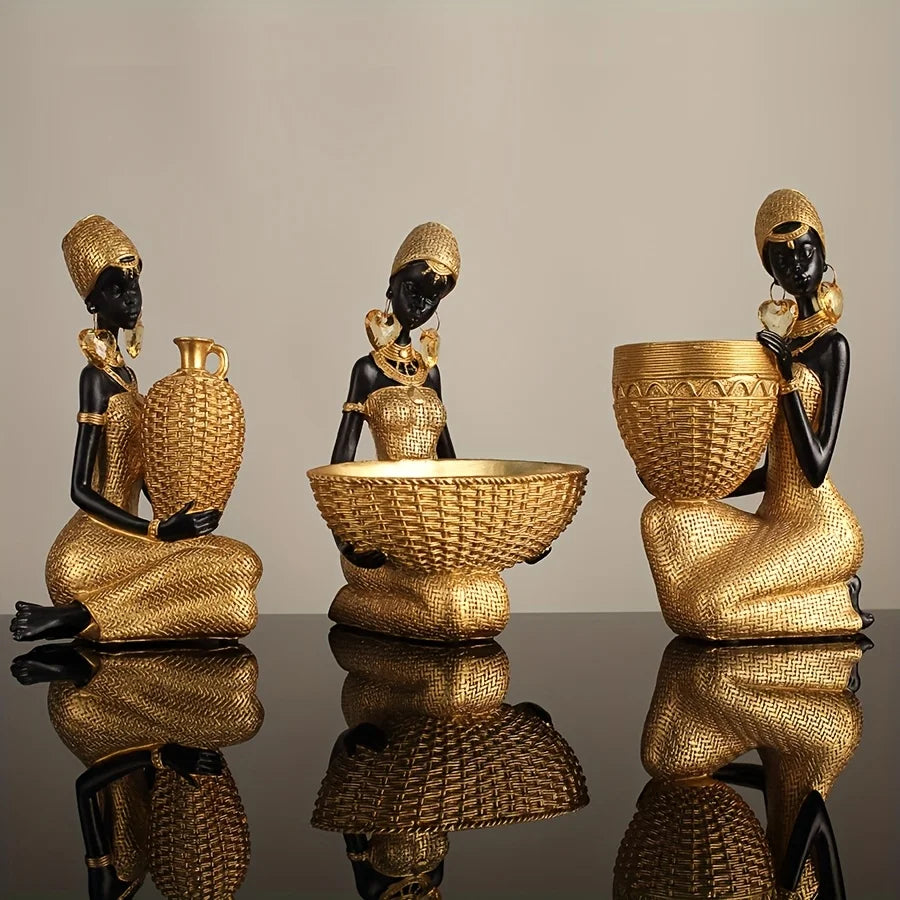 African Lady Resin Figurine | Woven Texture Sculpture in Black & Gold for Living Room & Office Decor