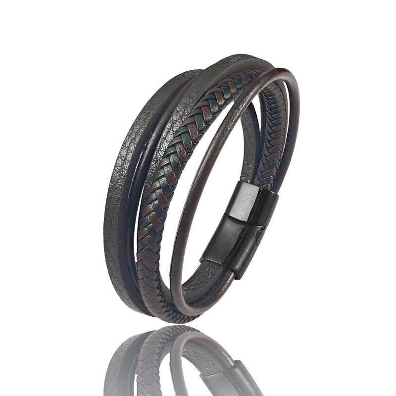 FBA Men's Multilayer Blue Leather Stainless Steel Bracelet | Luxury Jewelry