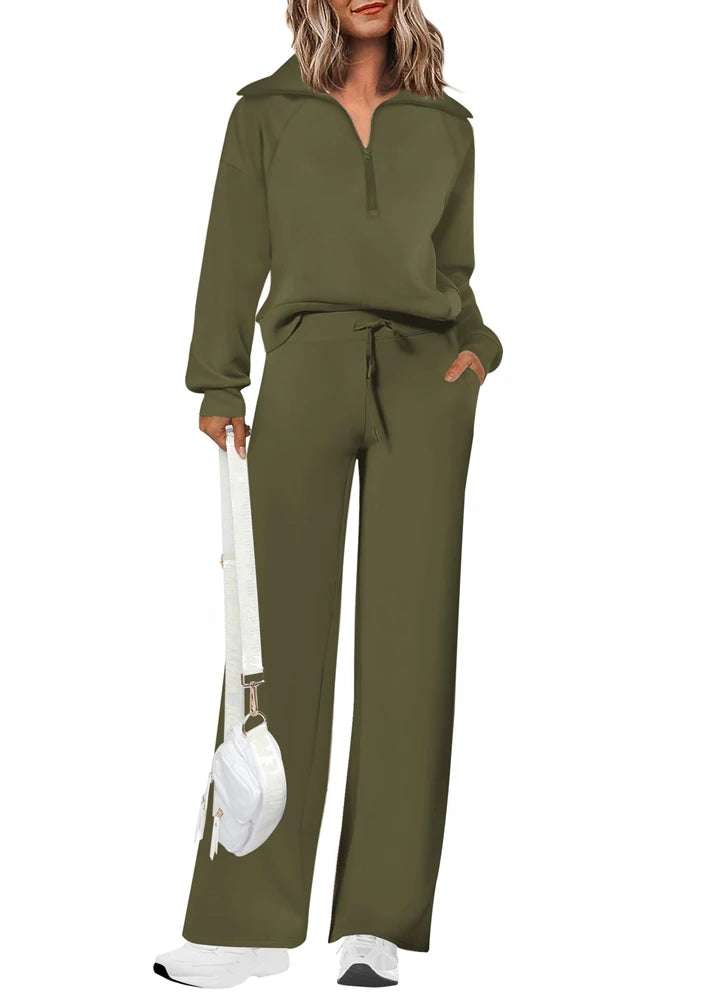 Women's 2-Piece Loose-Fit Half-Zip Sweatshirt & Wide-Leg Jogger Set | FBA Vibes