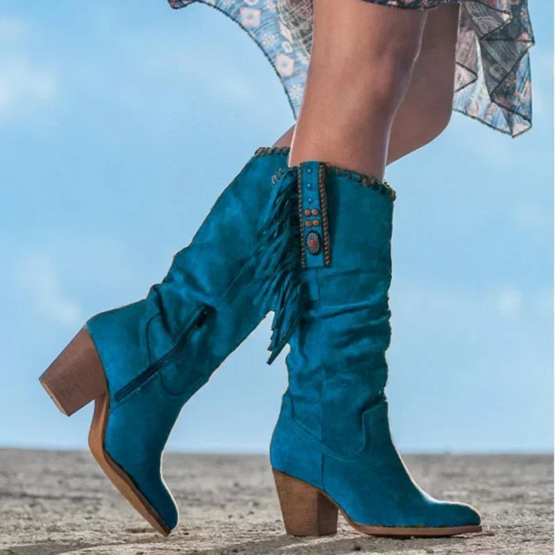 Women's Retro Metal Buckle Tassel Western Cowboy Knee-High Boot