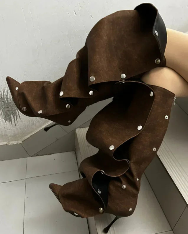 Women's Denim Knee-High Boot — Pointed Toe, Thin Heel, Metal Button