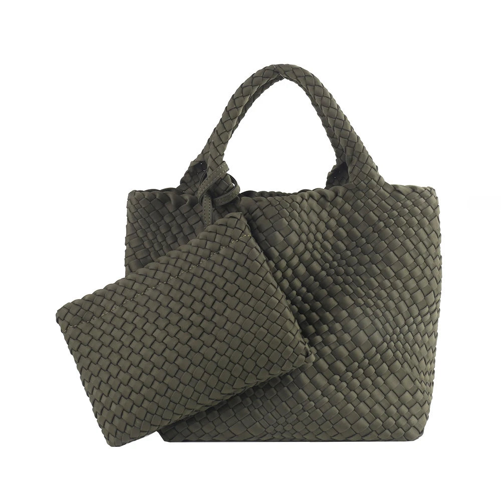 Neoprene Woven Tote Bag for Women – Waterproof Extra Large Beach Handbag & Retro Travel Shoulder Bag Set with Zipper Purse