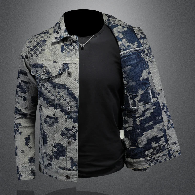 Men's Retro Jacquard Denim Jacket – Hip Hop Cowboy Streetwear Coat | Dark Grey | M–4XL | FBA Vibes