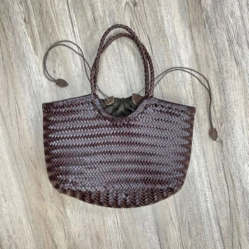 Genuine Leather Woven Basket Tote Bag for Women – Luxury Vintage Cowhide Shoulder Bag