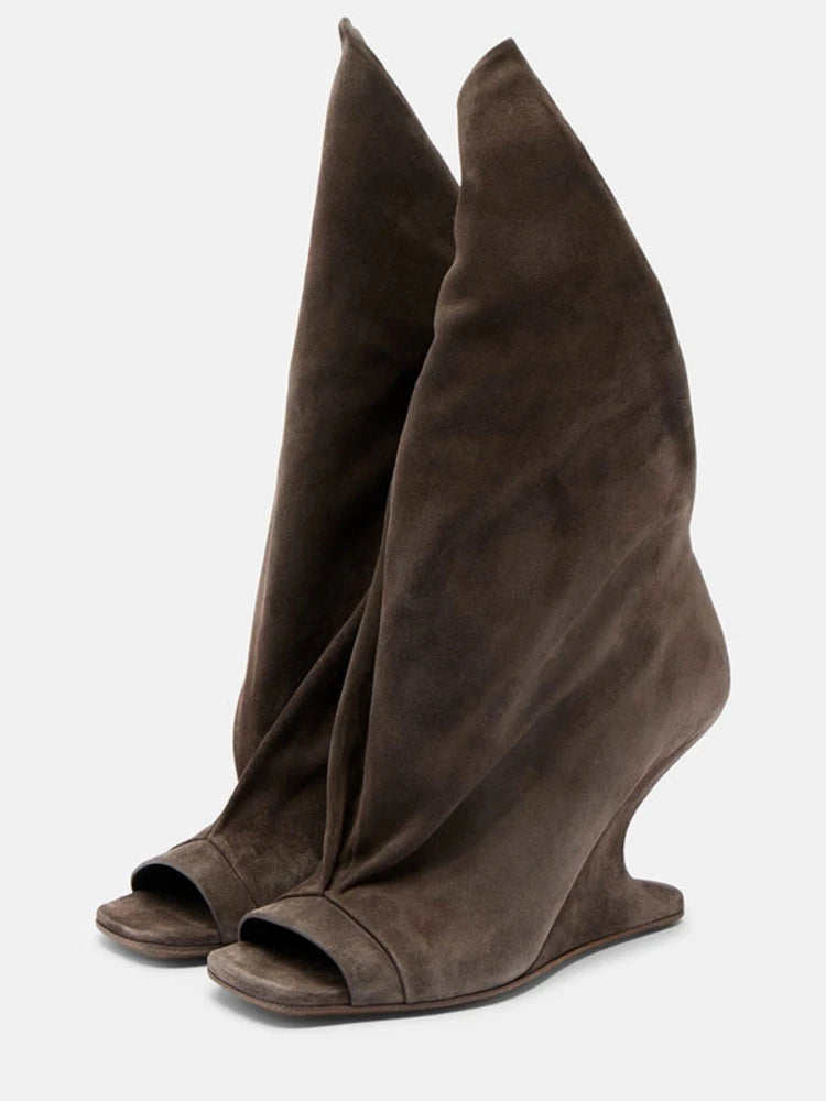 Women's Peep Toe Wedge Boot — Cross Strap, High Heel, Mid-Calf
