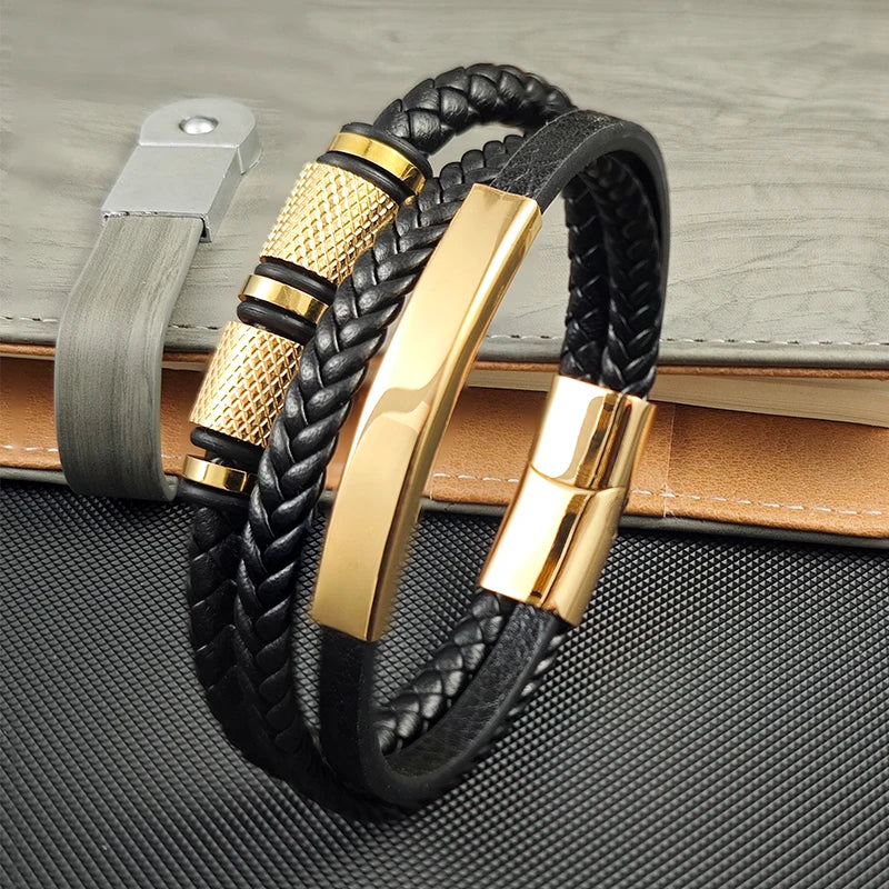 FBA Gold Beads Magnetic Leather Wrapped Bracelet | Men's Charm Jewelry
