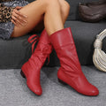 Women's Pleated PU Leather Mid-Calf Zip Boot with Square Heel