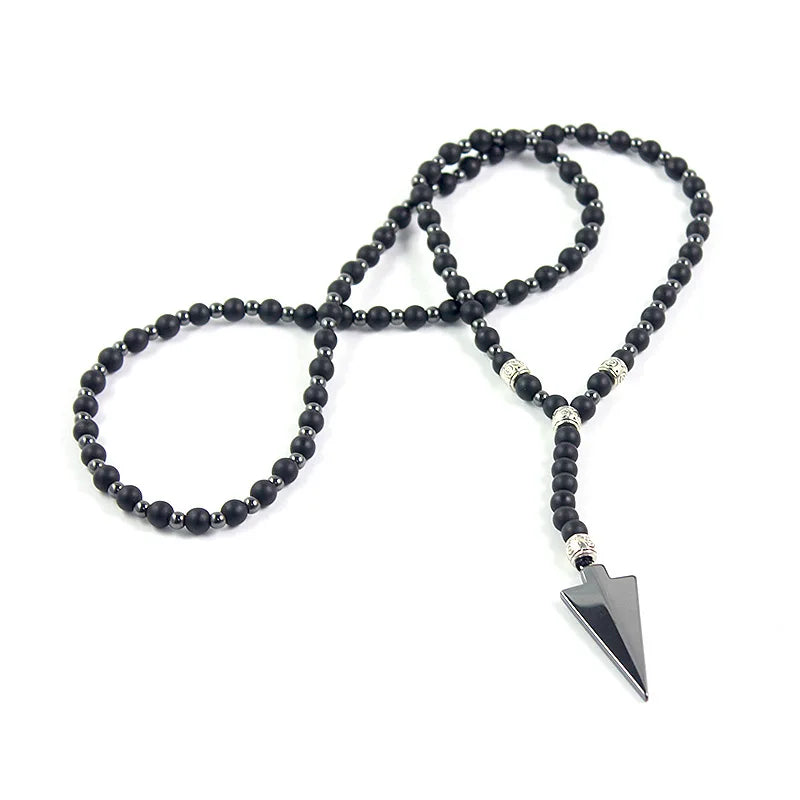 FBA Arrow Necklace Matte Black Agate Hematite Beaded | Minimalist Unisex Jewelry