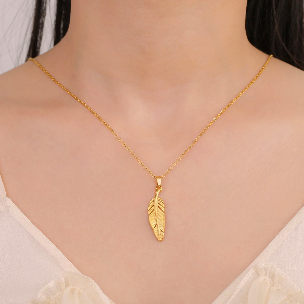 FBA Stainless Steel Feather Leaf Pendant Necklace | Women's Gold Jewelry