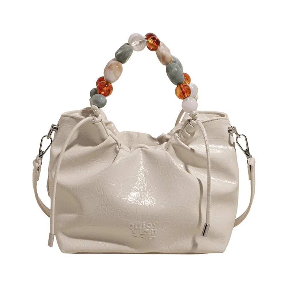 Beading Handle PU Shoulder Bag – Letter Print Korean Style Crossbody Tote