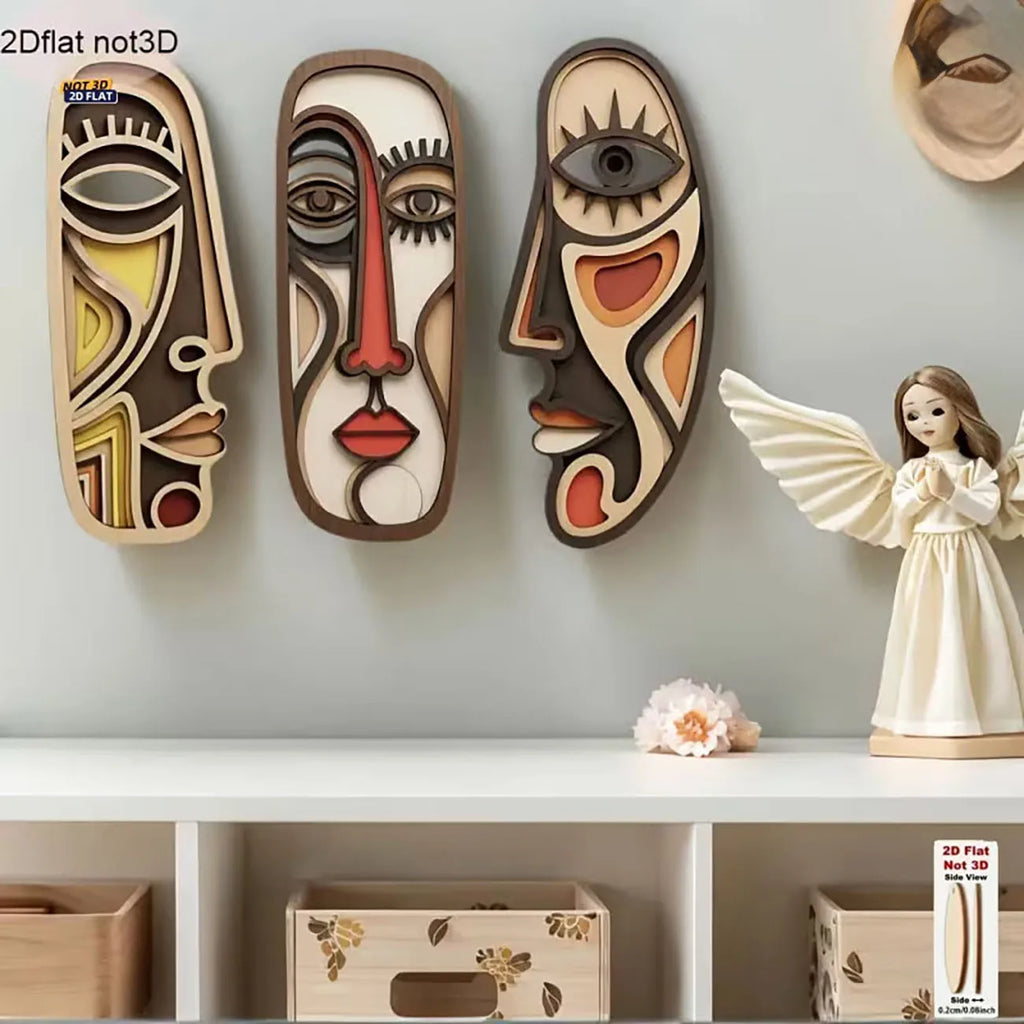 3-Piece Minimalist Abstract Face Wooden Wall Art Set | Boho Room Decor