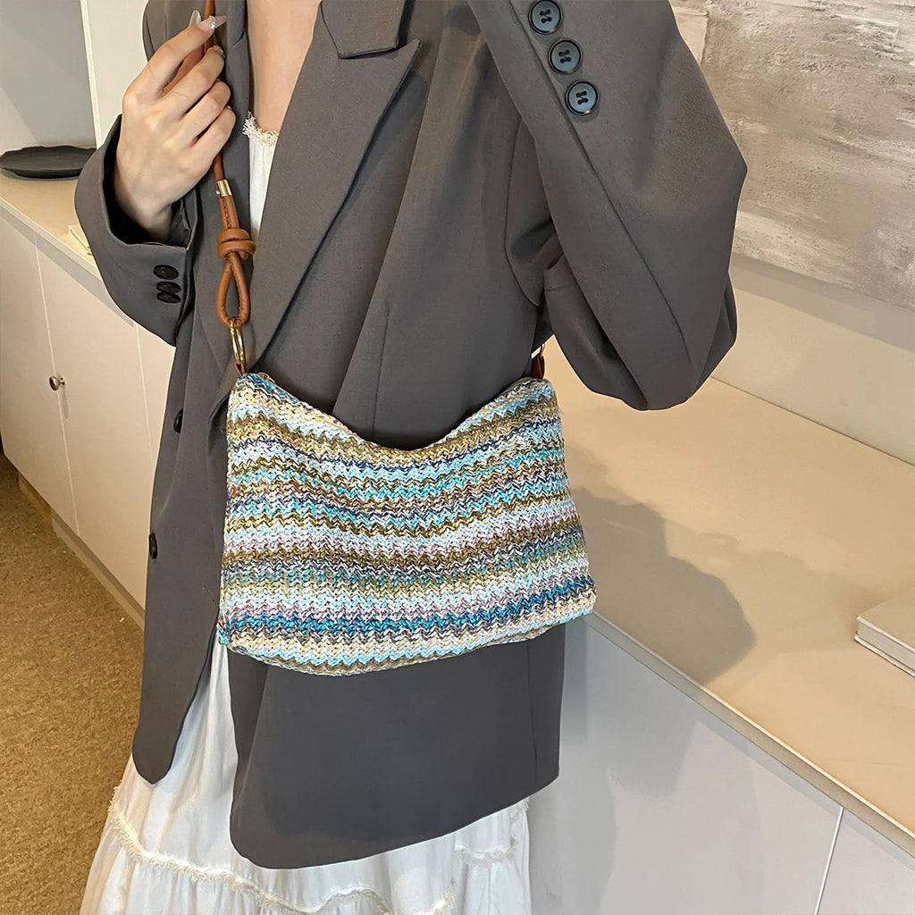 Women's Striped Woven Straw Tote Bag with Detachable Coin Purse – Zip Closure Beach Vacation Bag