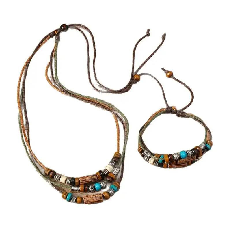 FBA Multilayer Wood Bead Prayer Necklace & Bracelet Set | Boho Gift