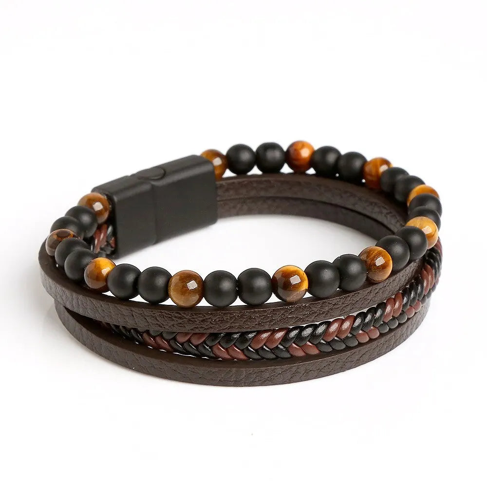 FBA Men's Tiger Eye Beaded Leather Bracelet | Multilayer Jewelry Gift