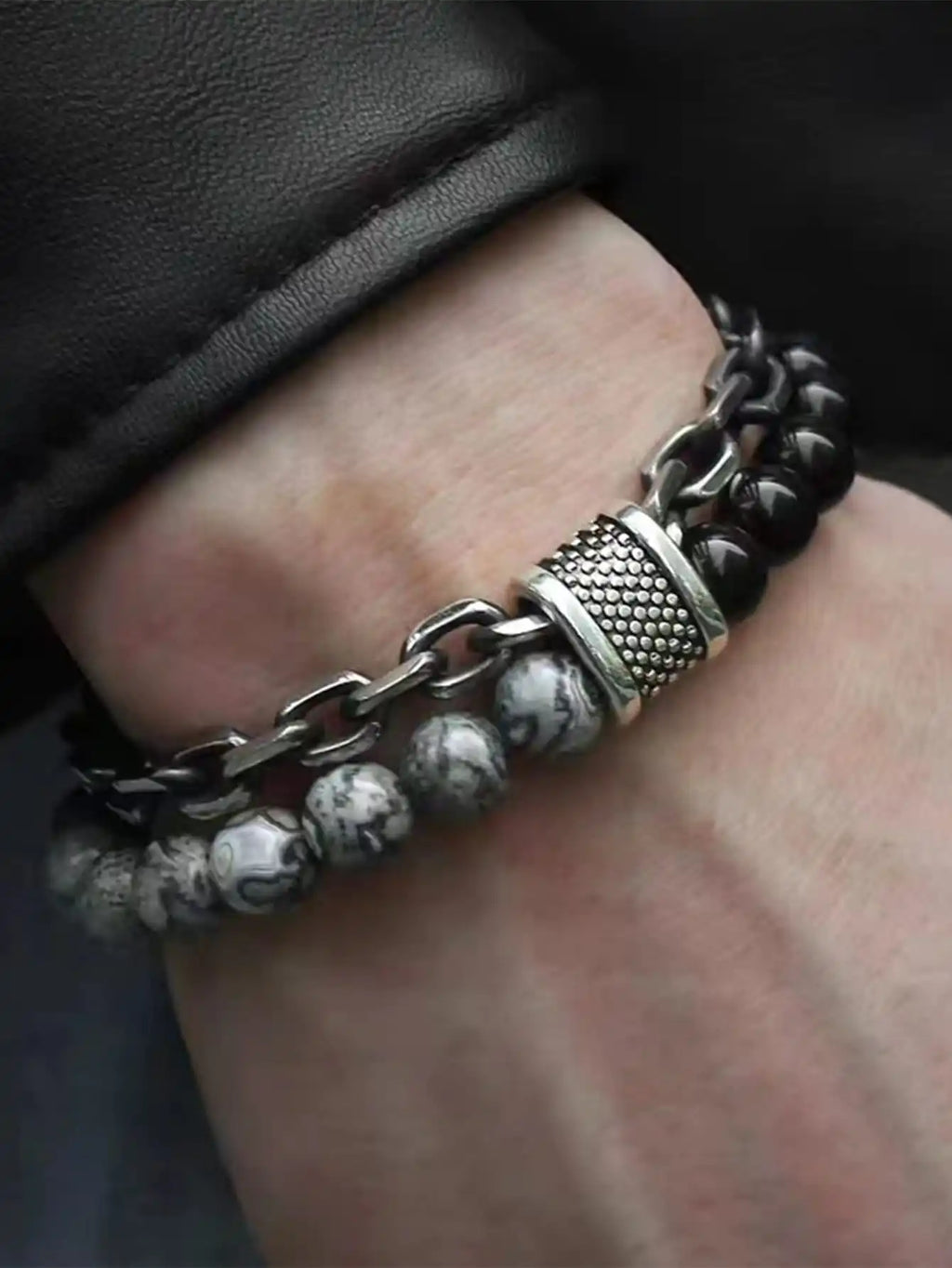FBA Punk Black Beads Natural Stone Double Bracelet | Men's Jewelry