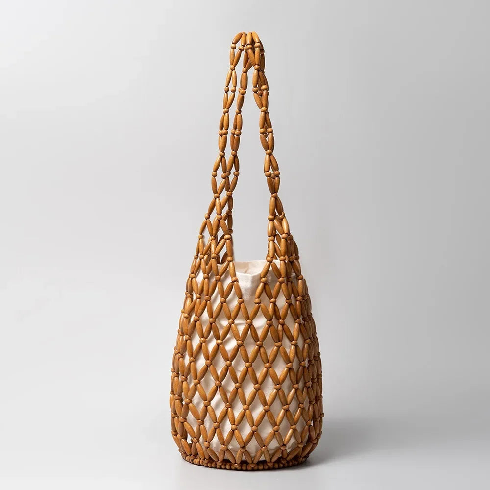 Hollow-Out Wooden Bead Woven Bucket Tote Bag – Summer Beach Shoulder Handbag for Women