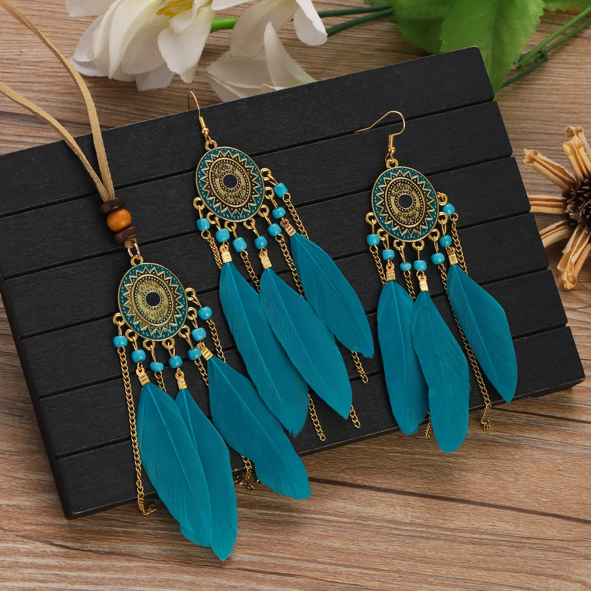 FBA Feather Necklace & Earring Set | Boho Tassel Jewelry