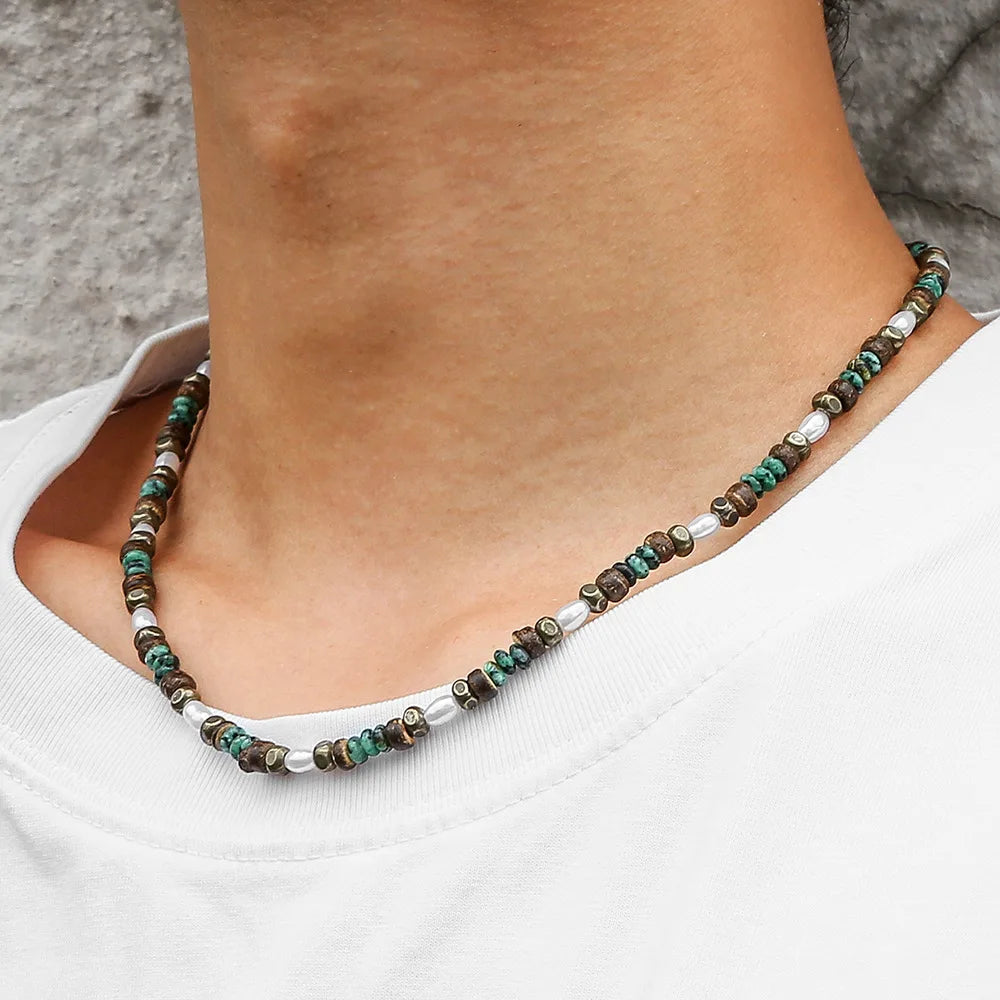 FBA Men's Ethnic Pearl Turquoise Beaded Necklace | Summer Jewelry