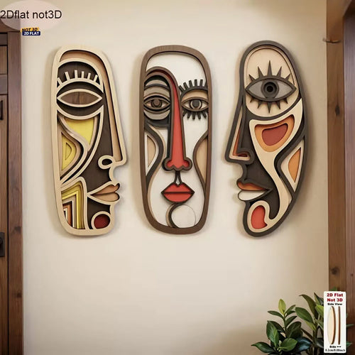 3-Piece Minimalist Abstract Face Wooden Wall Art Set | Boho Room Decor