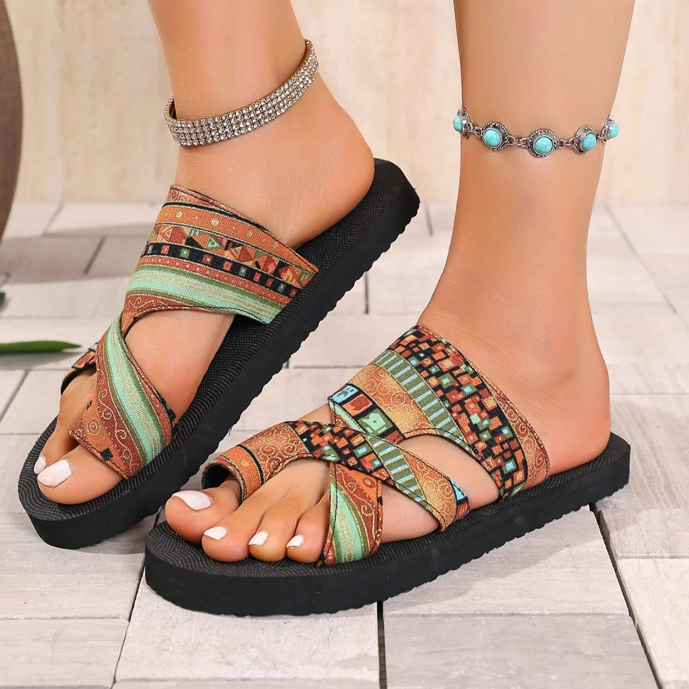 FBA Women's Tribal Pattern Platform Slides | Summer Beach Slippers
