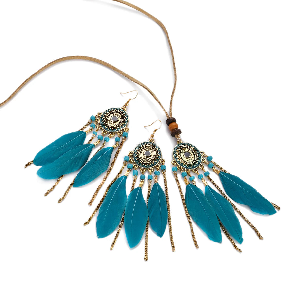 FBA Feather Necklace & Earring Set | Boho Tassel Jewelry