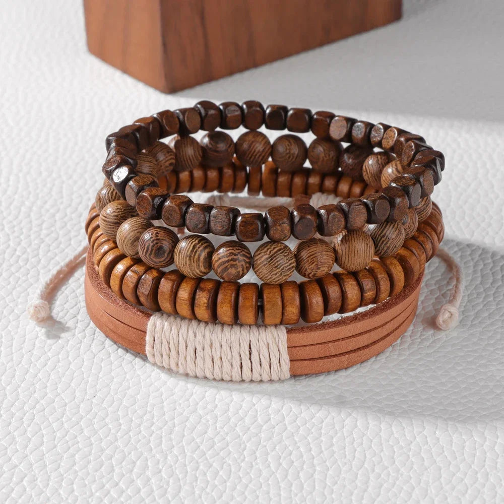 FBA Black Skull Beaded Leather Bracelet for Men | Buddhist Punk Jewelry