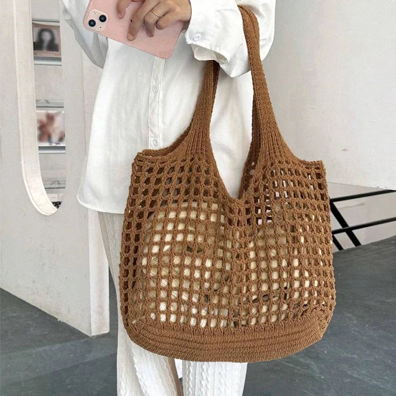 Fashion Crochet Raffia Tote Bag for Women – Boho Woven Knit Straw Beach Shoulder Bag
