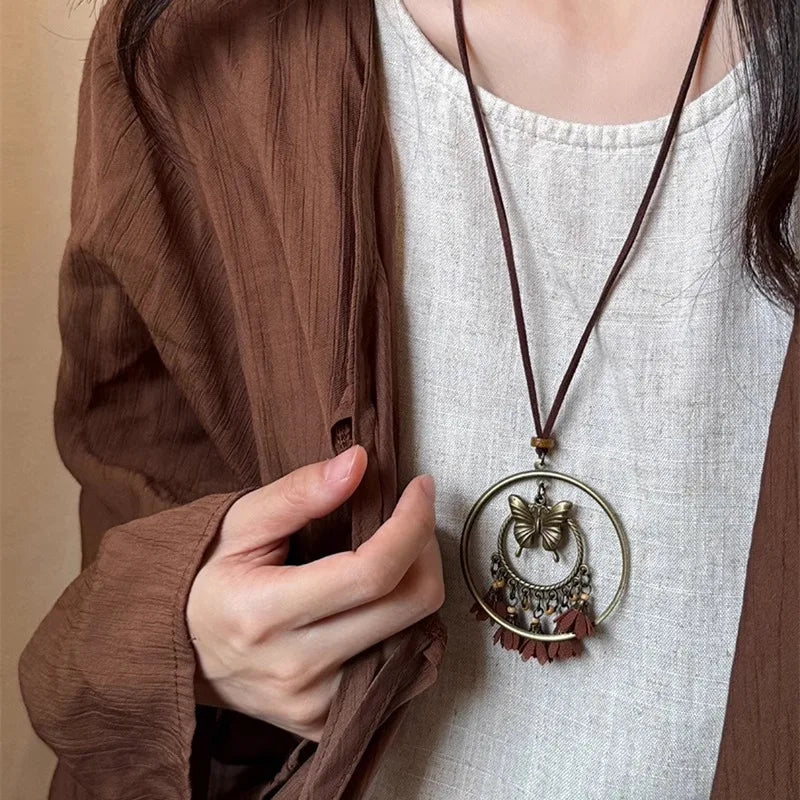 FBA Star Feather Leather Pendant Necklace | Retro Art Jewelry