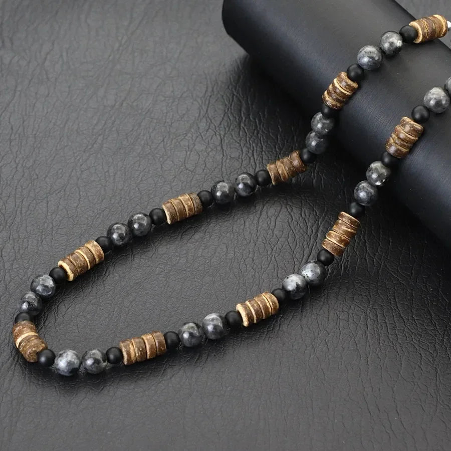 FBA Coconut Shell Lava Beaded Necklace for Men | Boho Wood Jewelry