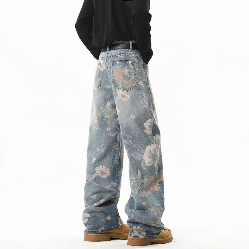 American Hip Hop Retro Floral Print Wide-Leg Jeans – Unisex Couples Loose Straight Leg Denim Pants | Blue | S–XXXL | FBA Vibes