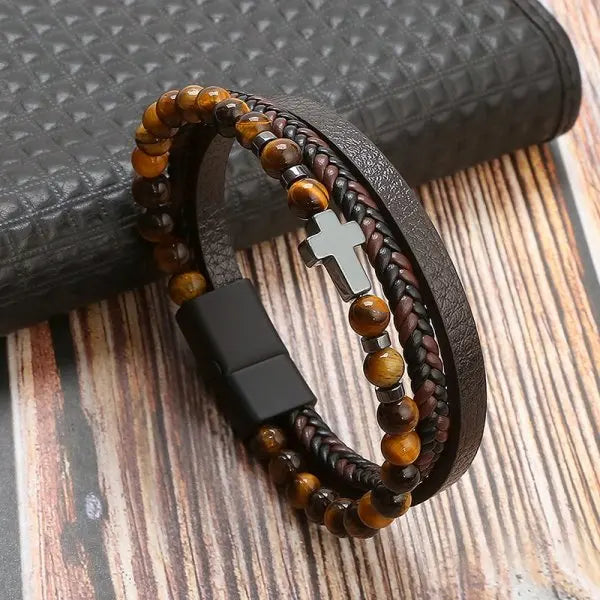 FBA Prayer Rosary Cross Natural Stone Leather Bracelet | Yoga Meditation Jewelry