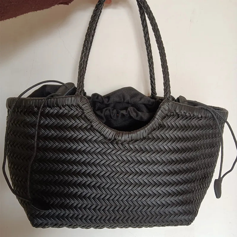 Genuine Leather Woven Basket Tote Bag for Women – Luxury Vintage Cowhide Shoulder Bag