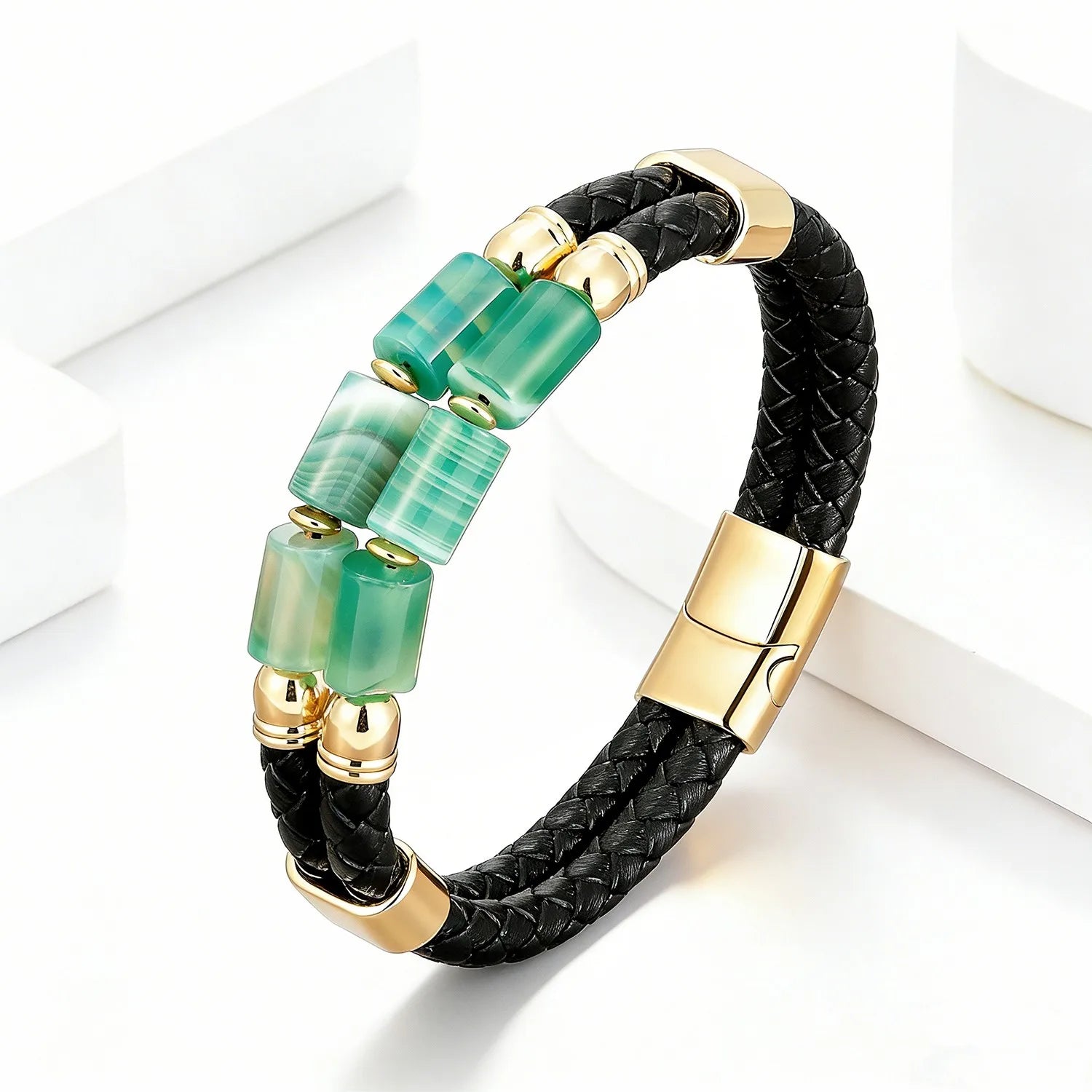 FBA Men's Natural Agate Leather Bracelet | Multi-Color Crystal Healing Jewelry