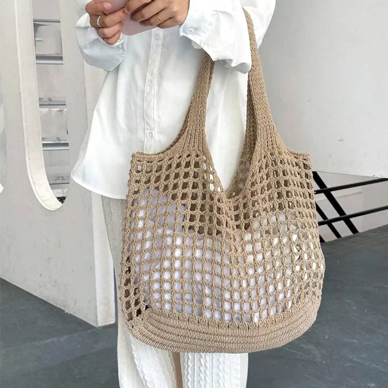 Fashion Crochet Raffia Tote Bag for Women – Boho Woven Knit Straw Beach Shoulder Bag
