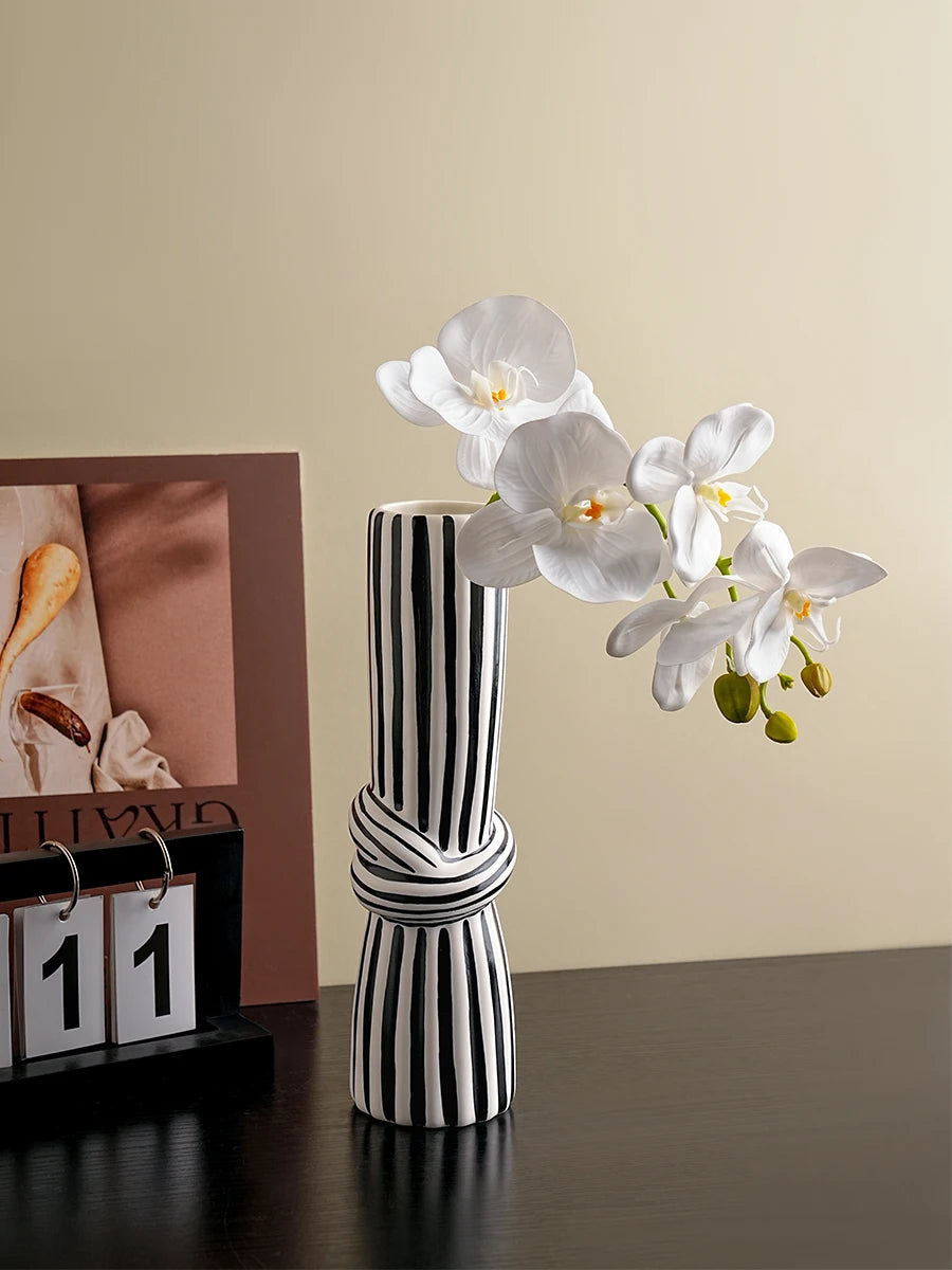 Black & White Striped Knot Ceramic Vase | Modern Art Sculpture for Living Room Decor