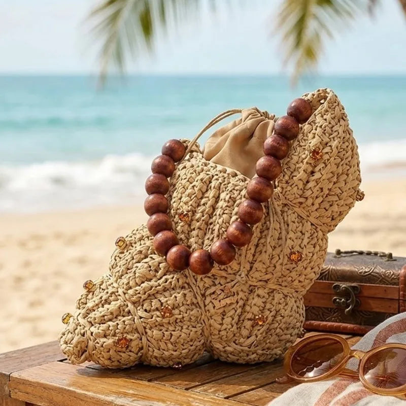 Boho Straw Tote Bag with Wooden Bead Handle – Summer Beach Shoulder Purse & Vacation Gift