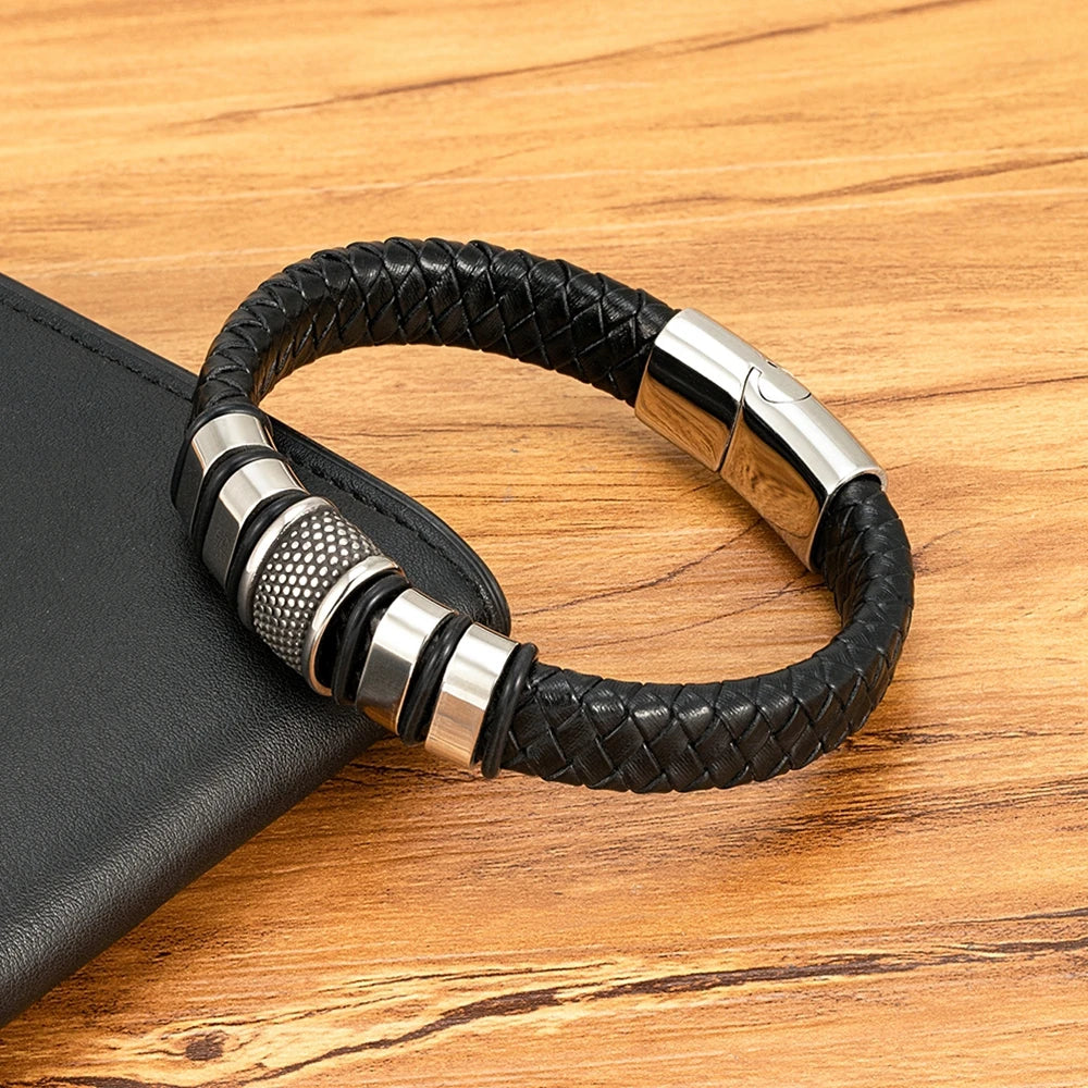 FBA Men's Stainless Steel Beaded Leather Rope Bracelet | Charm Jewelry Gift