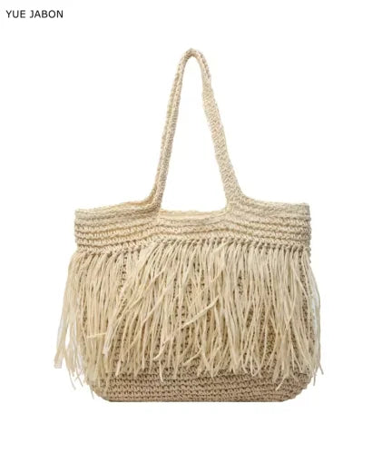 Women Tassel Straw Woven Tote Bag – Handmade Top-Handle Beach Shoulder Bag & Travel Purse