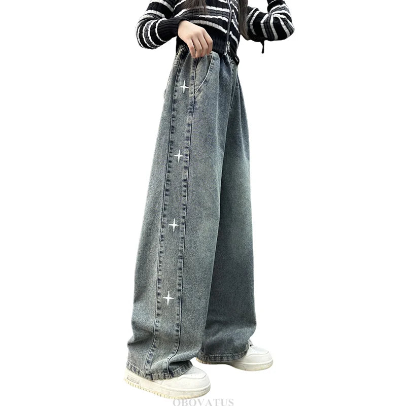 Girls' American Retro Star Graphic Straight Leg Jeans – Kids Hip Hop Streetwear Denim Pants | Blue | Ages 5–14 | FBA Vibes