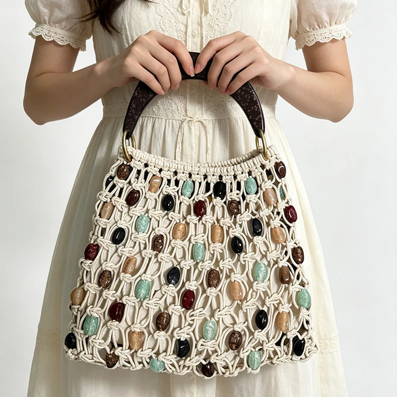 Handmade Woven Beaded Lattice Bag with Wooden Handle – Openwork Shoulder Tote