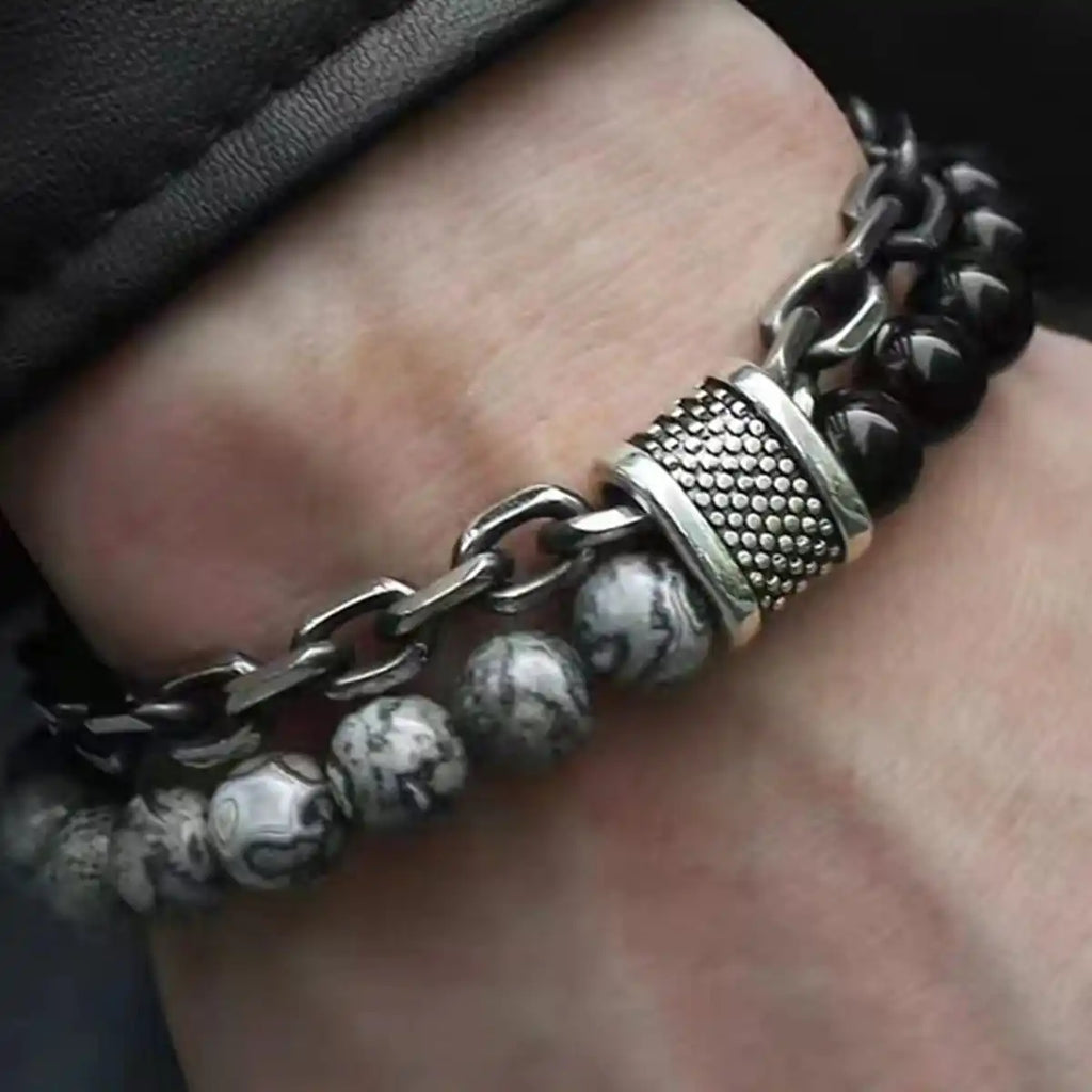 FBA Punk Black Beads Natural Stone Double Bracelet | Men's Jewelry