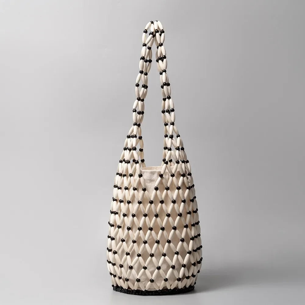 Hollow-Out Wooden Bead Woven Bucket Tote Bag – Summer Beach Shoulder Handbag for Women