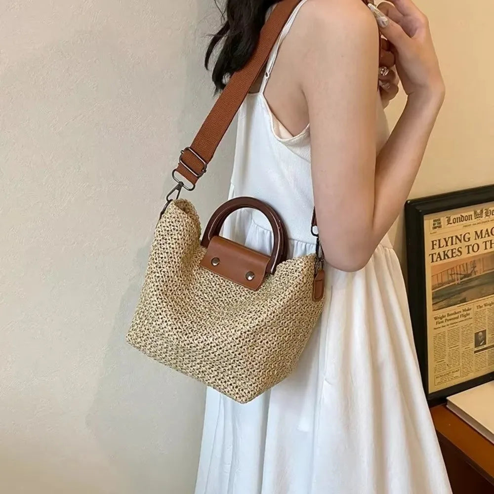 Hand Woven Straw Top Handle Crossbody Bag – Bohemian Beach Vacation Tote