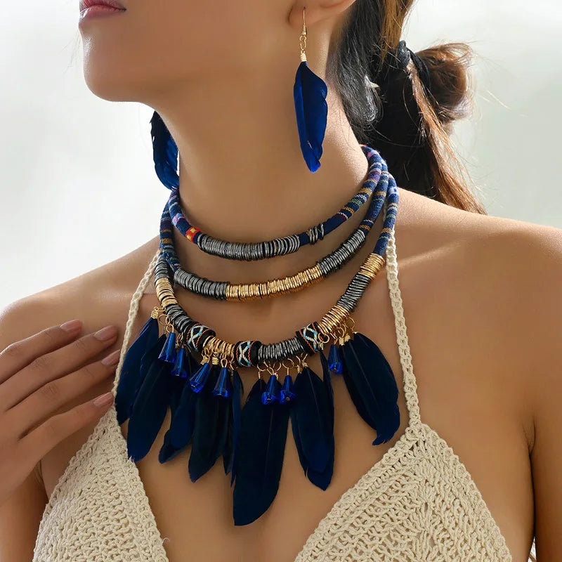 FBA Ethnic Feather Choker Necklace & Earring Set | Women's Jewelry
