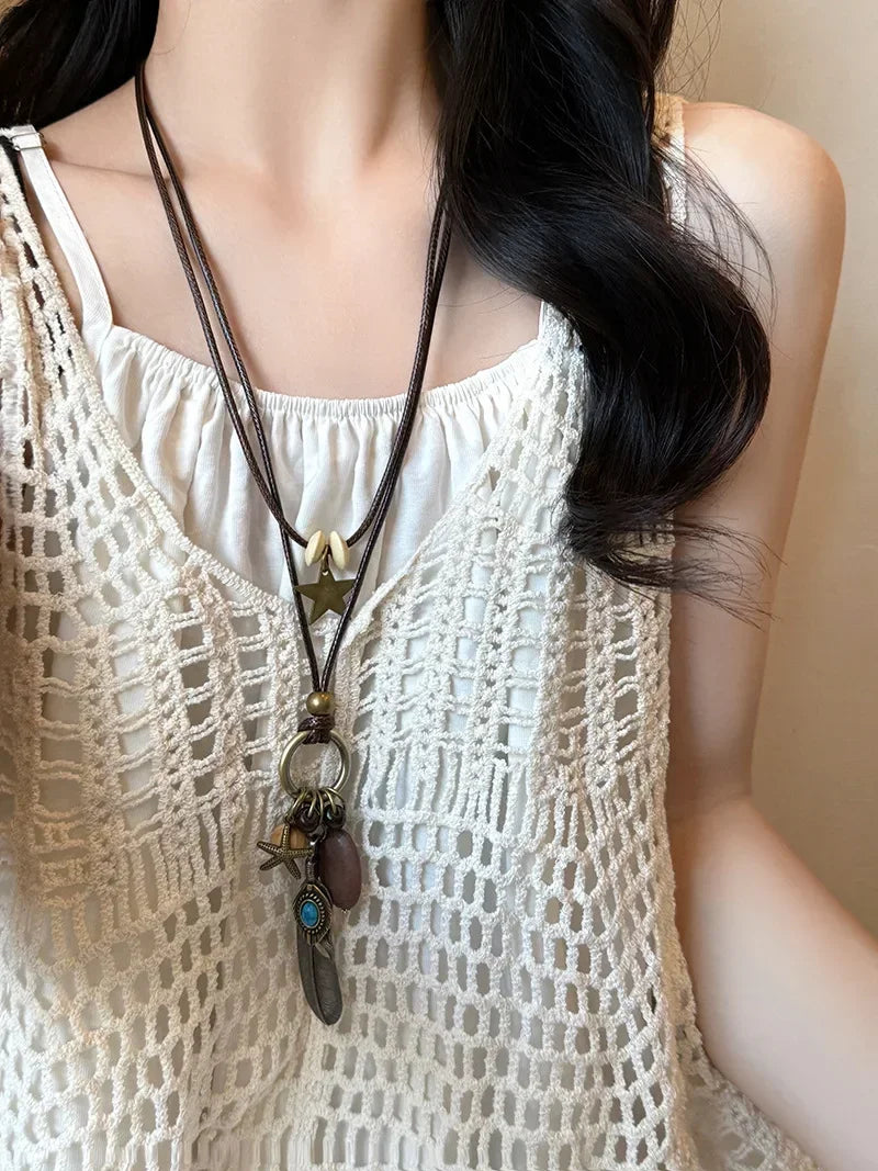 FBA Star Feather Leather Pendant Necklace | Retro Art Jewelry